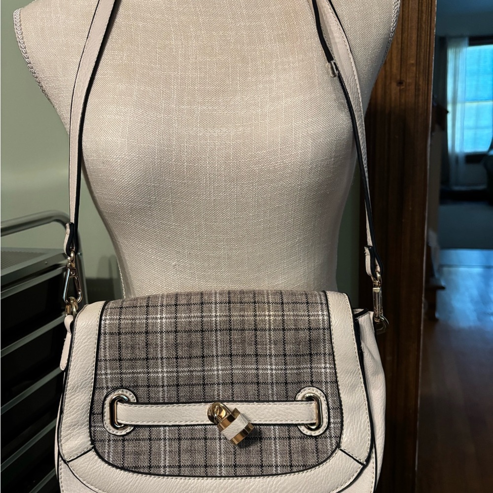 Coco + Carmen Elegant Plaid Crossbody Bag - Black Plaid and Cream Winter White